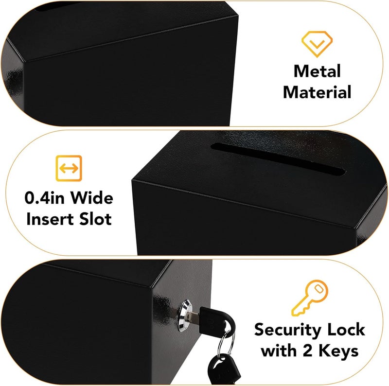 LINSIRON 3Pcs Black Tip Jar Suggestion Box with Slot and Lock Metal Donation Raffle Fundraising Cash Ballot Money Ticket Bartender Voting Prayer Comment Teacher Mailbox Booth Card Coin Classroom - Image 3